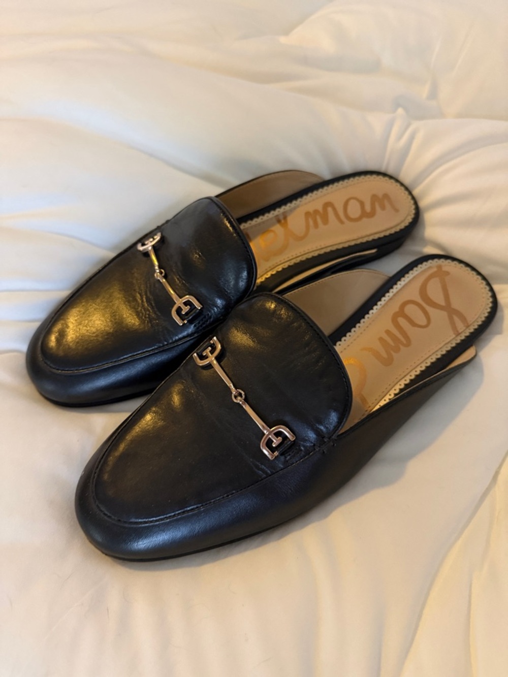 Sam Edelman Black Leather Slip-On Mule Loafers with Gold Tone Bit